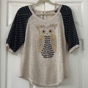 Mauve Beige Top with Black Polka Dot Sleeves